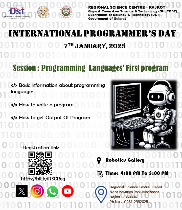 RSCRajkot's tweet image. &quot;Calling all programmers! Join us on Jan 7th, 2025 for #InternationalProgrammersDay! @rscrajkot presents a comprehensive session on programming languages, coding &amp;amp; output.
 Don&apos;t miss out!