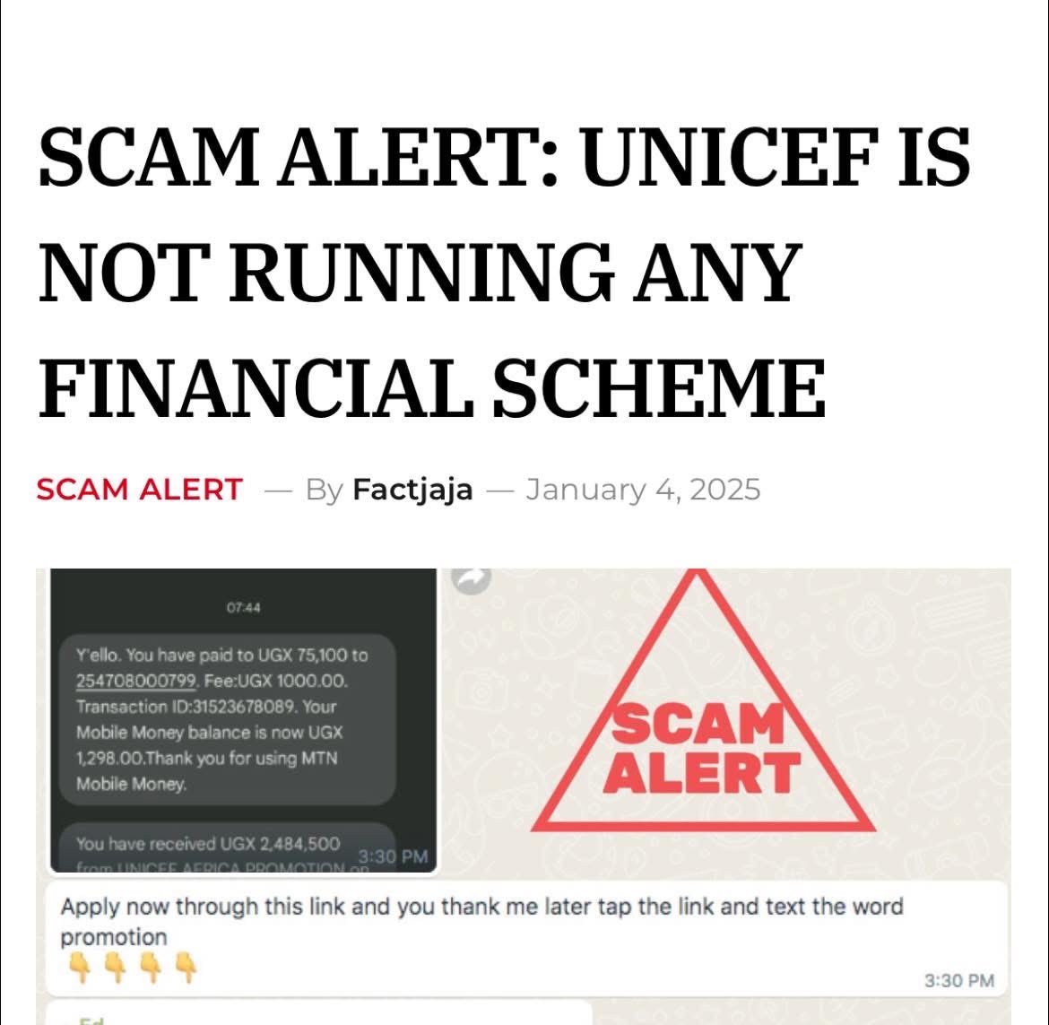 tunderug's tweet image. Beware of fake UNICEF grant messages circulating online. 
I have debunked various fake financial schemes at factjaja.com and exposed these scams.