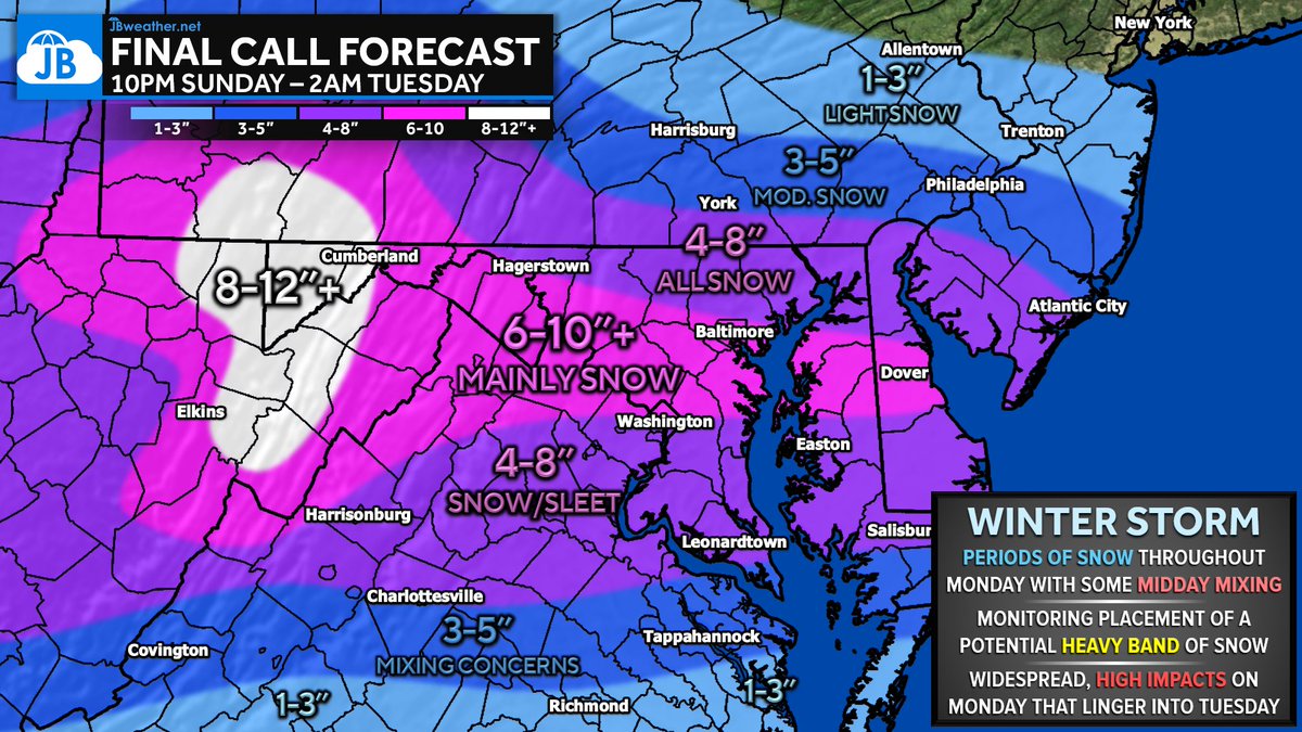The stage is set for our winter storm to bring high impacts to our region! Heavy snow &amp; sleet are likely late tonight &amp; throughout Monday. Details on the hour-by-hour timing, School Odds, Storm FAQs, and impacts are in this morning's Final Call update: jbweather.net/final-call-wid…