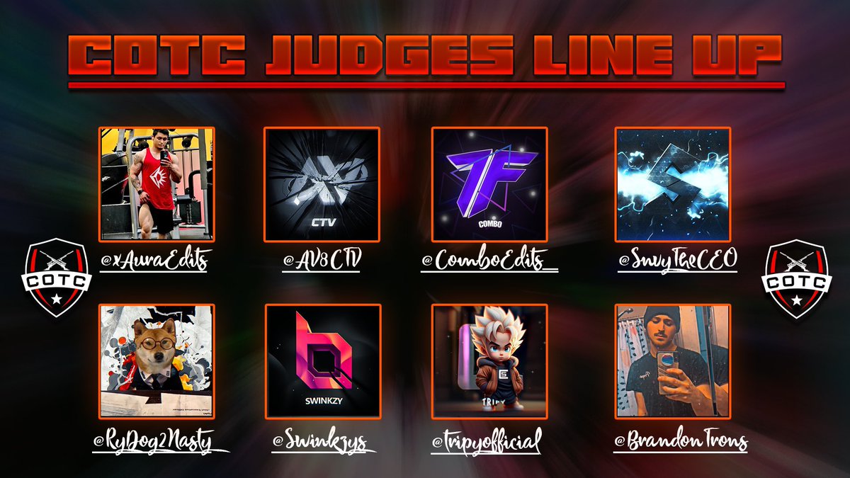 COTC Underrated Teams (@cotcoftheyear) on Twitter photo Judges Line Up COTC “2025”
@xAuraEdits
@AV8CTV
<a href="/ComboEdits_/">Combo</a>
@SnvyTheCEO
<a href="/RyDog2Nasty/">Ghost RyDog</a>
<a href="/Swinkzys/">Ghost Swinkzy</a>
<a href="/TripyOfficial/">Tripy</a>
<a href="/BrandonTrons/">Colt Trons</a>
-Roster 06/01 Closed Last day for recuits
Goodluck Everyone❤️ Judges Line Up COTC “2025”
@xAuraEdits
@AV8CTV
<a href="/ComboEdits_/">Combo</a>
@SnvyTheCEO
<a href="/RyDog2Nasty/">Ghost RyDog</a>
<a href="/Swinkzys/">Ghost Swinkzy</a>
<a href="/TripyOfficial/">Tripy</a>
<a href="/BrandonTrons/">Colt Trons</a>
-Roster 06/01 Closed Last day for recuits
Goodluck Everyone❤️