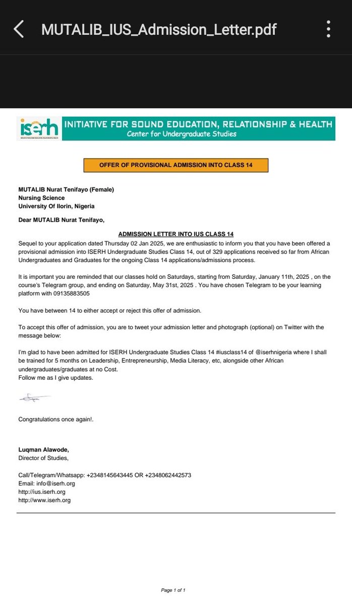 Nurat911's tweet photo. I'm glad to have been admitted for ISERH Undergraduate Studies Class 14 #iusclass14 of @iserhnigeria where I shall be trained for 5 months on Leadership, Entrepreneurship, Media Literacy, etc, alongside other African undergraduates/graduates at no Cost. Follow me as I give update https://t.co/6LwP6ThfOu