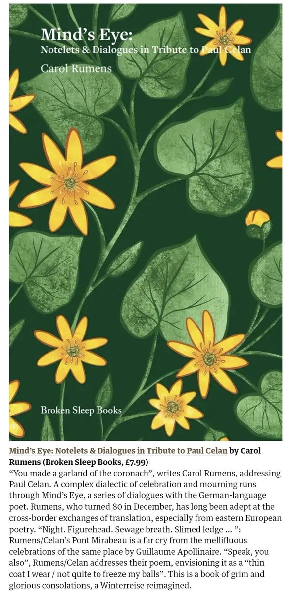 brokensleep's tweet photo. Great to see we've got a book on The Guardian's best recent poetry round up. We were delighted to publish Mind's Eye by Carol Rumens. Also good to see an occasional indie press featured on the monthly roundup, breaking up the hegemony of major publishers.

https://t.co/LSgWuMbohW https://t.co/klUeVmY9h0