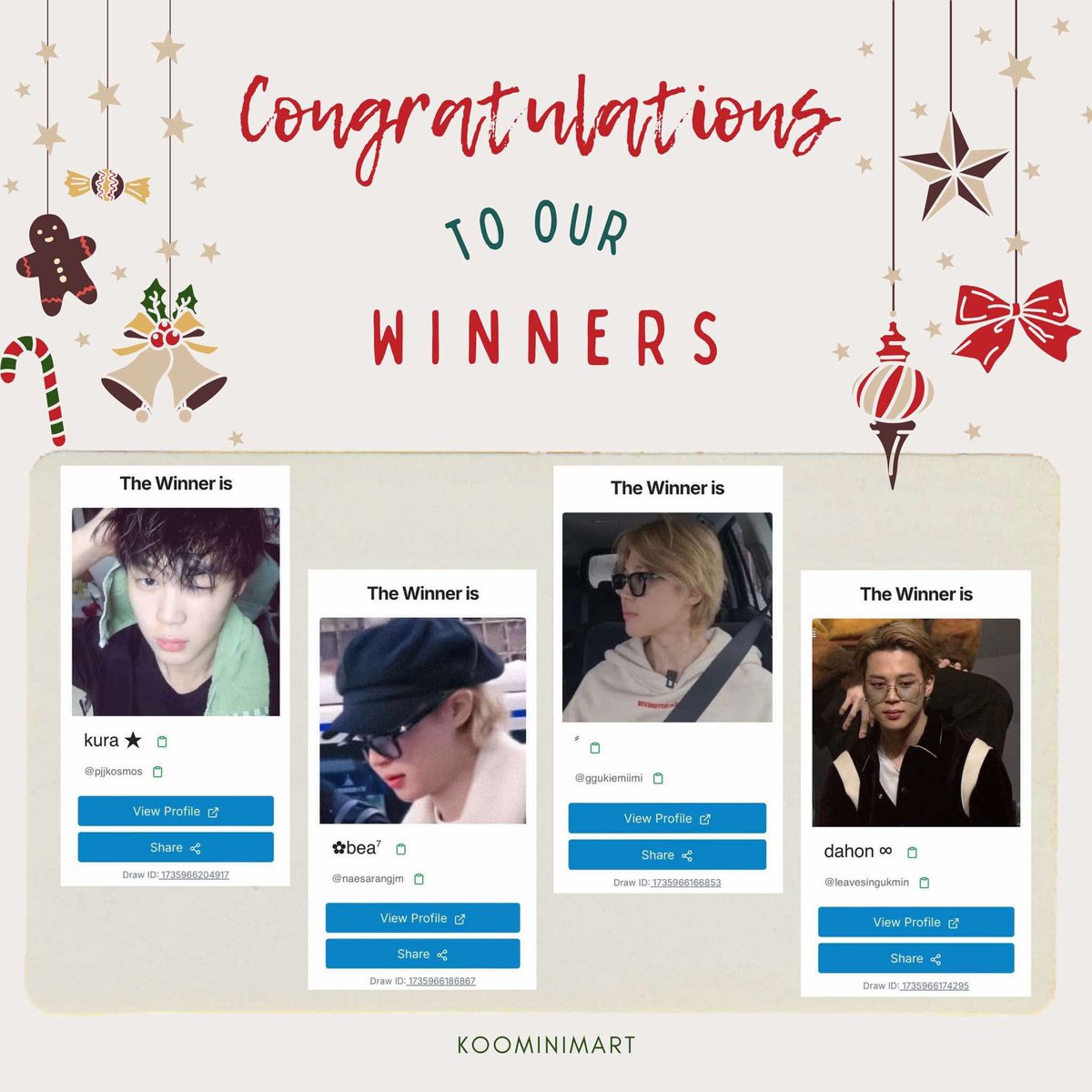 koominimart's tweet photo. ࣪Congratulations to our GA winners! (๑ ˃̵ᴗ˂̵)و ♡

You have 24 hours to claim your prizes. Unclaimed prizes will be redrawn tomorrow. Additionally, keyrings will be randomly delivered to each winner.

Please dm us a screenshot of your reply to our GA tweet. ⋆౨ৎ˚⟡˖ https://t.co/0A0SG748a1