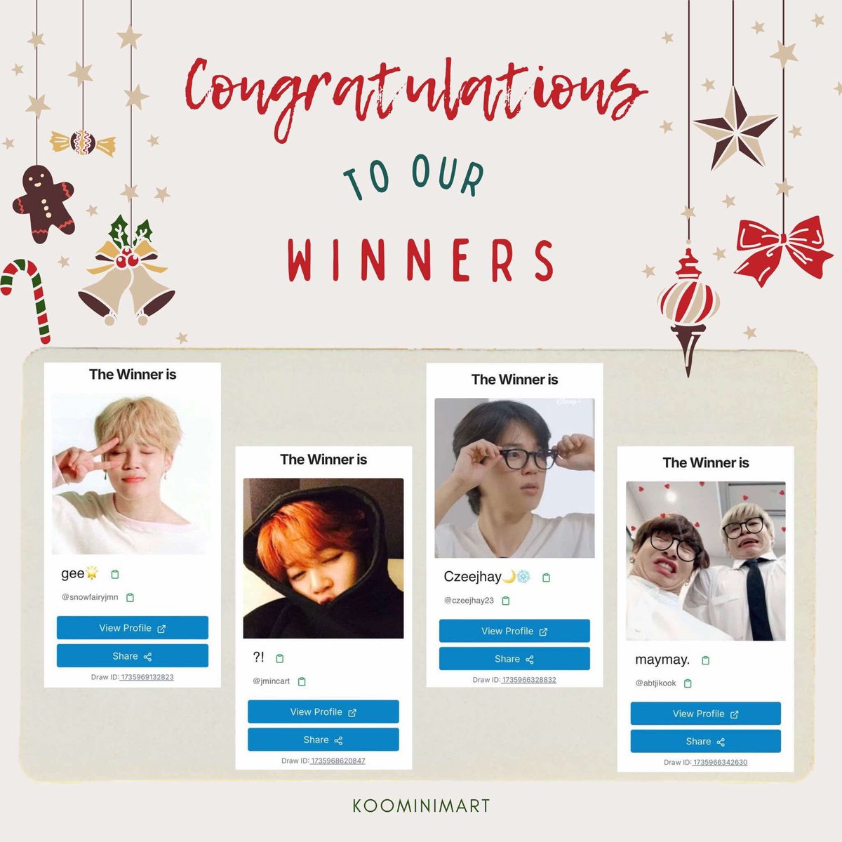 koominimart's tweet photo. ࣪Congratulations to our GA winners! (๑ ˃̵ᴗ˂̵)و ♡

You have 24 hours to claim your prizes. Unclaimed prizes will be redrawn tomorrow. Additionally, keyrings will be randomly delivered to each winner.

Please dm us a screenshot of your reply to our GA tweet. ⋆౨ৎ˚⟡˖ https://t.co/0A0SG748a1