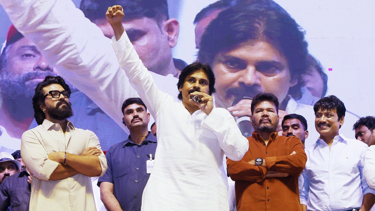 SVC_official's tweet photo. Heartfelt thanks to the Hon’ble Deputy CM Shri @PawanKalyan garu for gracing the #GameChanger pre-release event held last night in Rajahmundry. 

Your unwavering support, kind wishes, and encouragement inspire us to strive for excellence. We are truly grateful from the bottom of our hearts for your guidance, generosity, and belief in our team.

Special Thanks To Honourable @AndhraPradeshCM, Visionary Shri. @ncbn Garu for the unwavering support.

Thank You Cinematography Minister @kanduladurgesh Garu for your kind words. 

 – Team @SVC_official