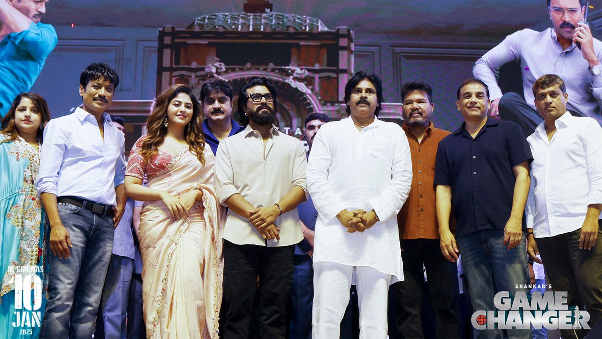 SVC_official's tweet photo. Heartfelt thanks to the Hon’ble Deputy CM Shri @PawanKalyan garu for gracing the #GameChanger pre-release event held last night in Rajahmundry. 

Your unwavering support, kind wishes, and encouragement inspire us to strive for excellence. We are truly grateful from the bottom of our hearts for your guidance, generosity, and belief in our team.

Special Thanks To Honourable @AndhraPradeshCM, Visionary Shri. @ncbn Garu for the unwavering support.

Thank You Cinematography Minister @kanduladurgesh Garu for your kind words. 

 – Team @SVC_official