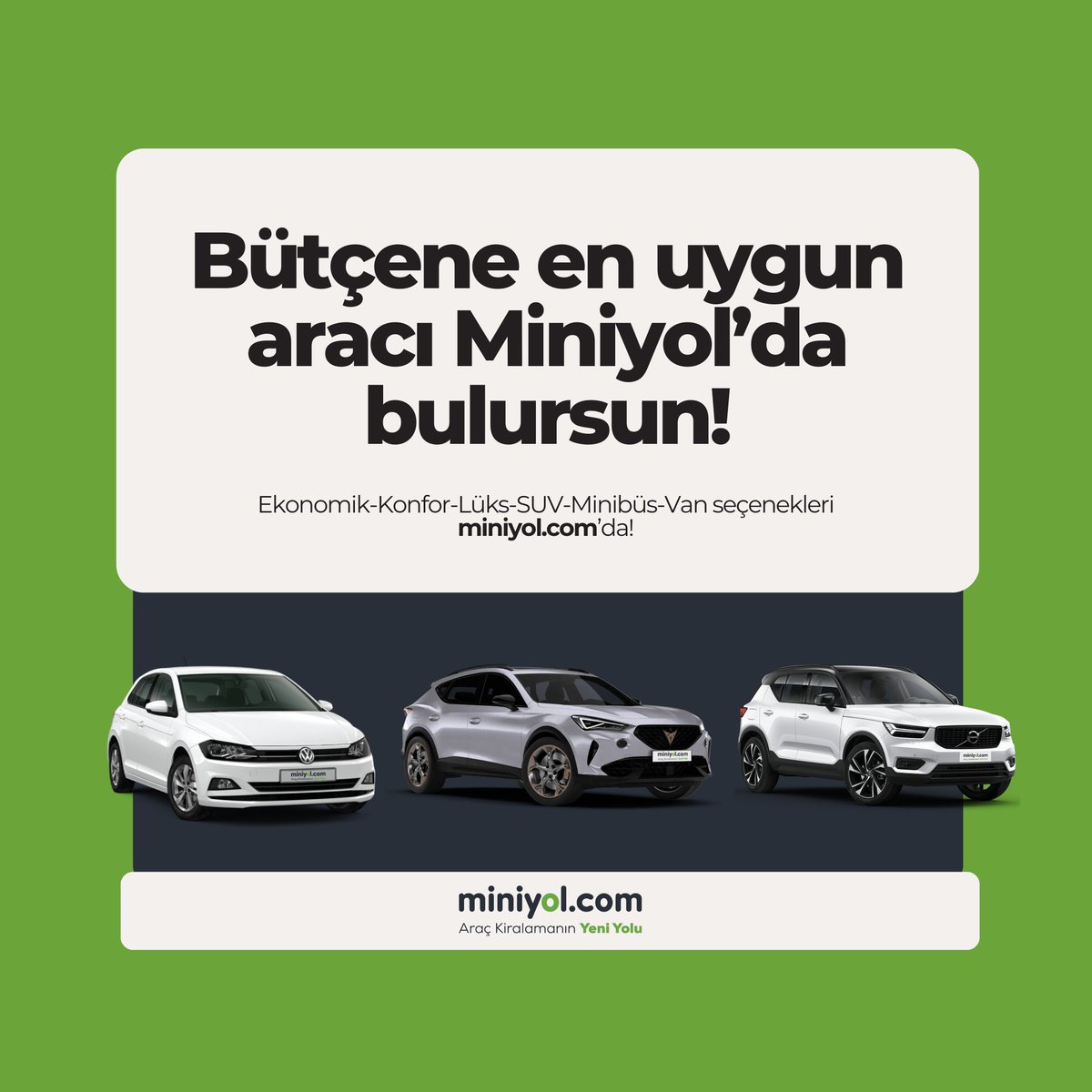 miniyolcomtr's tweet photo. Bütçene en uygun aracı Miniyol’da bulursun!
Ekonomik, Konfor, Lüks, SUV, Minibüs, VAN seçenekleri https://t.co/zxxt2TDGf8’da.

#miniyol #araçkiralama #seyahat #yolculuk https://t.co/zpUzSbXfsD