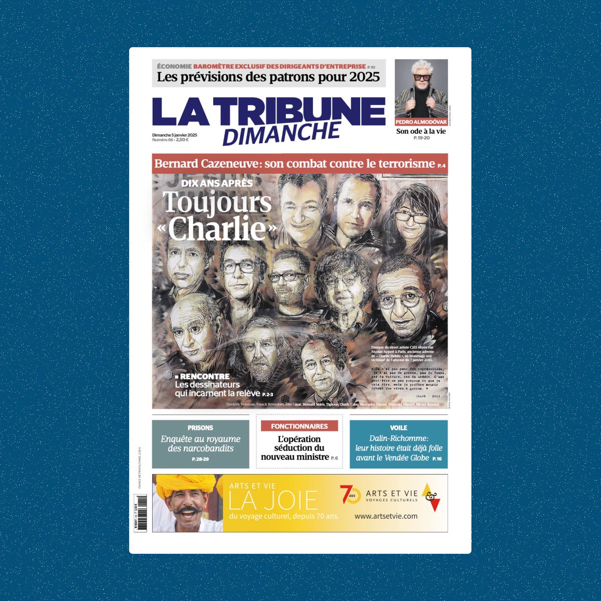 TribuneDimanche's tweet photo. À LA UNE 
■ DIX ANS APRÈS - TOUJOURS «CHARLIE»
■ RENCONTRE - Les dessinateurs qui incarnent la relève

🇫🇷 EXCLUSIF - TRIBUNE
« La nation a eu le sentiment de sa vulnérabilité mais aussi de sa résilience »
L'ancien Premier ministre et ministre de l’Intérieur d’avril 2014 à décembre 2016 @BCazeneuve tire les leçons de la période noire des attentats.

POLITIQUE 
@MLP_officiel à Mayotte, et bientôt à Washington ?

ENTRETIEN EXCLUSIF 
@LMarcangeli : « Pour les fonctionnaires, toutes les options budgétaires sont à réexaminer »

🎞️ CINÉMA
Pedro Almodóvar : « Chacun doit être maître de sa mort »

😉  ÇA RESTE ENTRE NOUS
@camillechamoux : « Je ne compte plus les fois où je me suis bagarrée avec des mecs »

📺 TÉLÉVISION
@MaximeSwitek, l'homme du 20 Heures @BFMTV