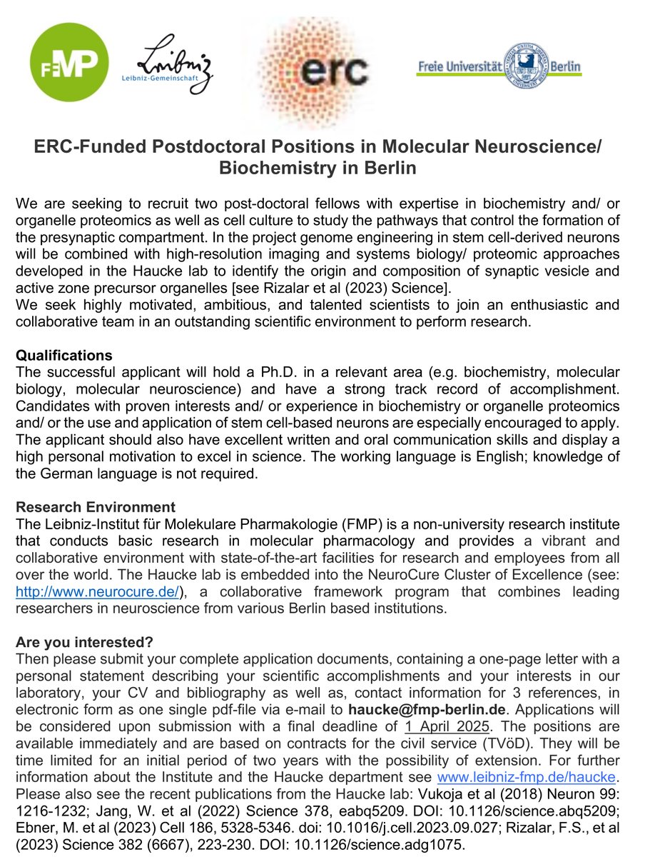 Haucke lab (@volkerhaucke) on Twitter photo Postdoc Positions in Molecular Neuroscience/Biochemistry in Berlin to study presynapse formation and ALS funded by ERC and DFG (leibniz-fmp.de/haucke; Rizalar et al (2023) Science). Apply now at short.sg/j/52345086 of e-mail to haucke@fmp-berlin.de before 1 April 2025. Postdoc Positions in Molecular Neuroscience/Biochemistry in Berlin to study presynapse formation and ALS funded by ERC and DFG (leibniz-fmp.de/haucke; Rizalar et al (2023) Science). Apply now at short.sg/j/52345086 of e-mail to haucke@fmp-berlin.de before 1 April 2025.