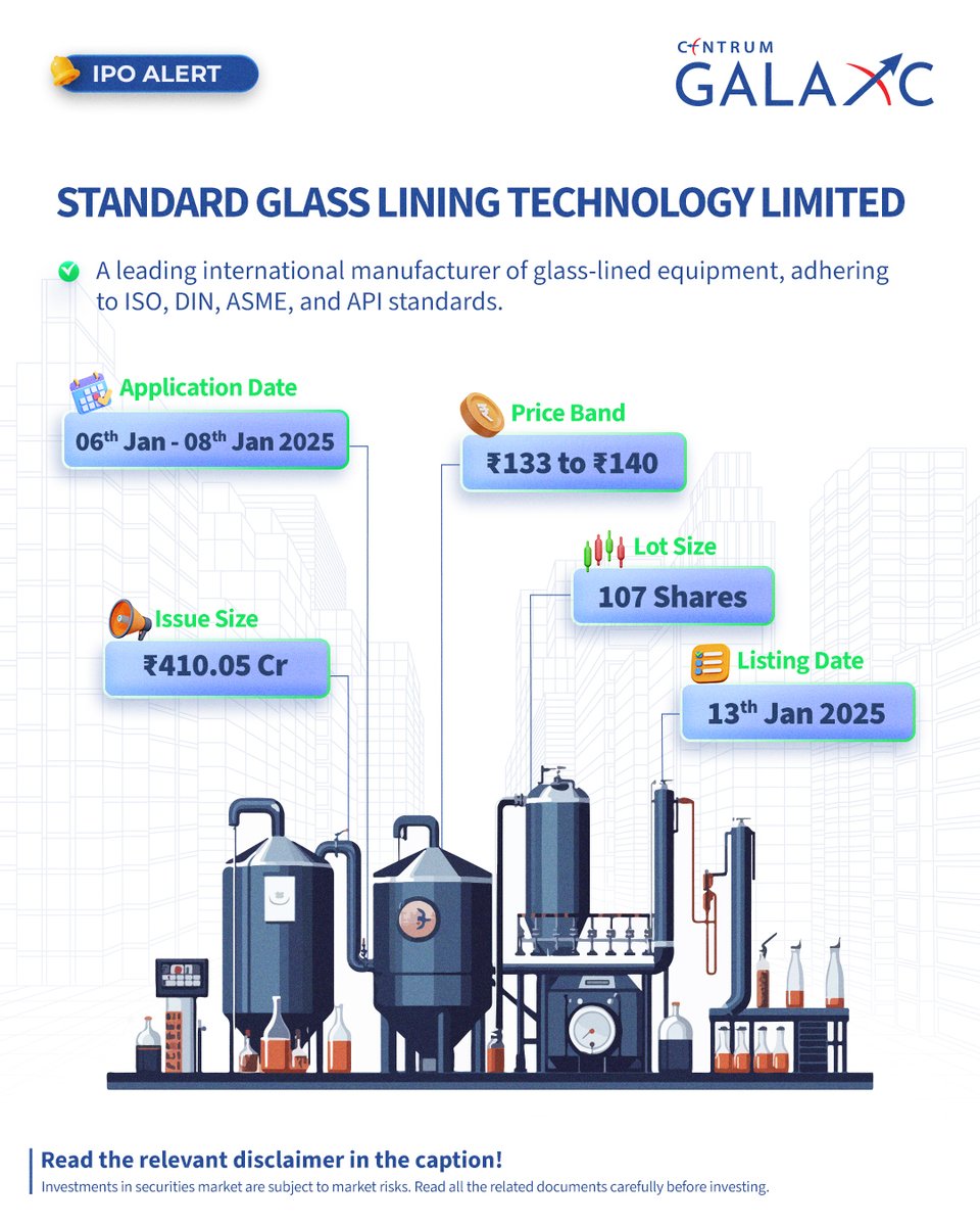 centrumgalaxc's tweet photo. Standard Glass Lining Technology Limited IPO is live! This leading manufacturer aims to fund capital expenditures, reduce borrowings, and invest in its subsidiary, S2 Engineering, with the proceeds.
Disclaimer: https://t.co/y4wGfX1Adq
#standardglassliningtechnology #IPOalert https://t.co/yMIrpnefzw