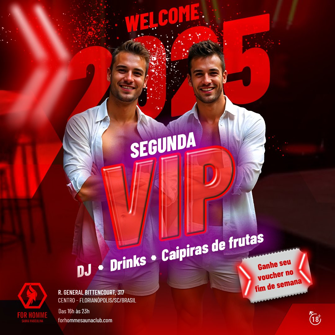 🔥SEGUNDA VIP 🔥
PAGA MEIA ENTRADA QUEM TIVER O VOUCHER
Quem for hoje na sauna no final de semana e retirou seu voucher,  tem direito a pagar meia entrada e curtir a SEGUNDA VIP