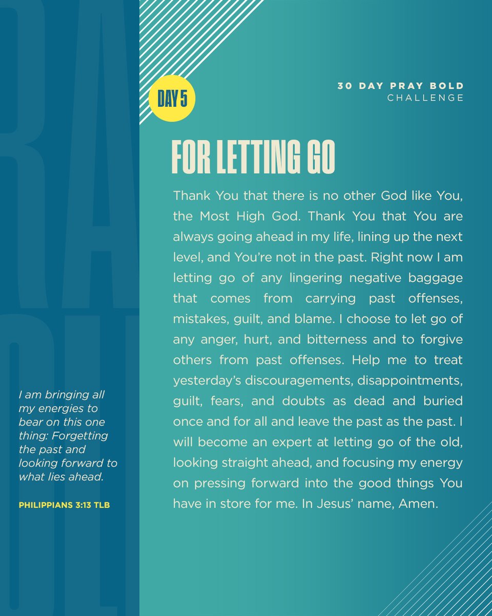 JoelOsteen's tweet photo. Day 5 – A prayer for letting go

Let’s treat yesterday’s discouragements, disappointments, guilt, fears, and doubts as dead and buried once and for all and leave the past as the past! 

https://t.co/LFrXJ4n7rH https://t.co/sl7N3gUOQG