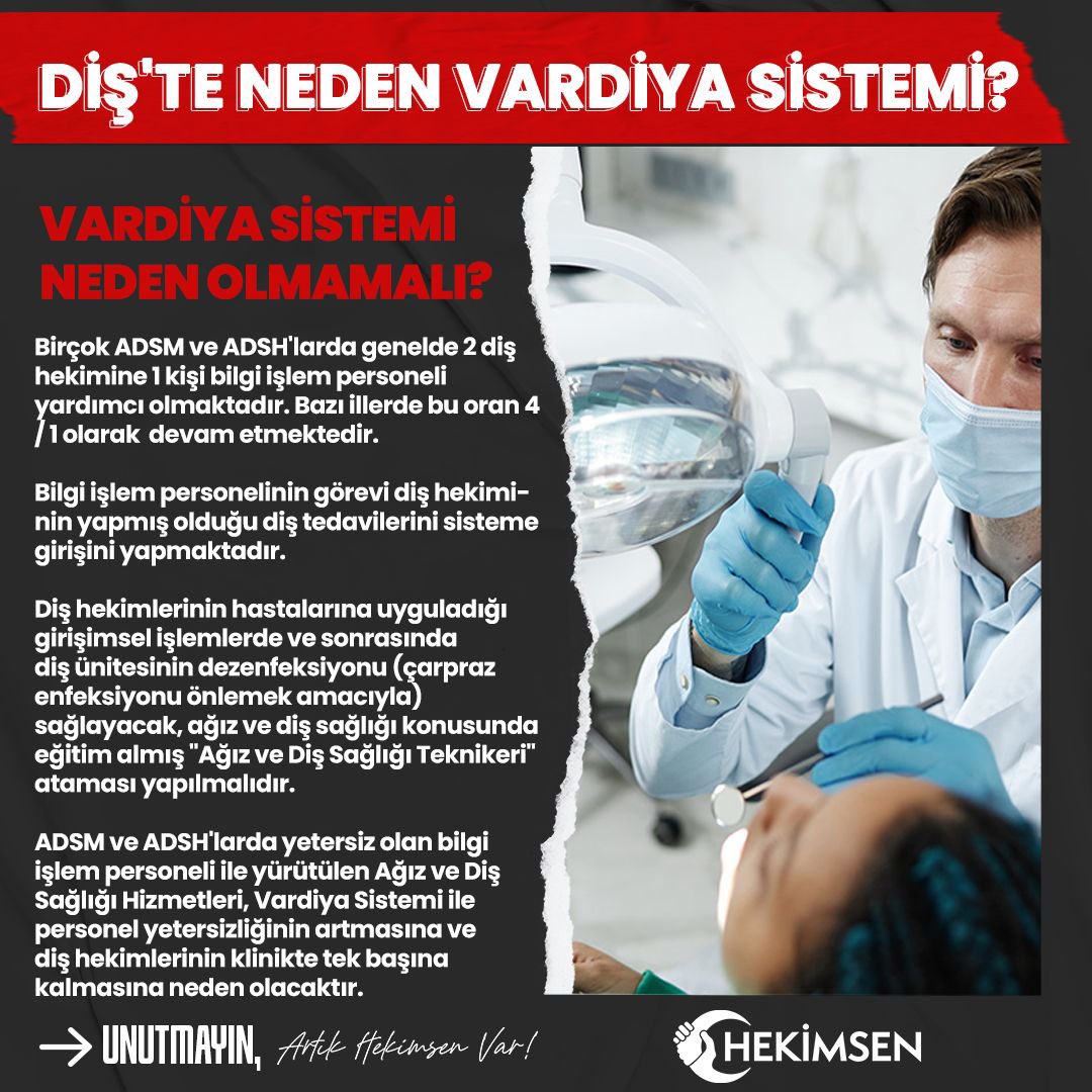 Sağlık Bakanlığı,Ağız ve Diş Sağlığı Hizmetleri'ni daha fazla hastanın diş tedavisinin yapılmasını sağlamak amacıyla, birçok ildeki ADSM ve ADSH'larda Vardiya Sistemi'ne geçmeye başladı.
Vardiya sistemi daha önceki yıllarda denenmiş ve başarısız olmuştu.
DİŞ'TE NEDEN VARDİYA