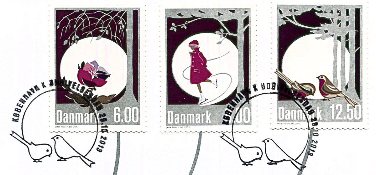 Waking up to snow silently arriving overnight is always exciting so here are some wintery scenes imagined by Jetta Frolich. The winter rose was inspired by Selma Lagerlof's story 'Legend of the Christmas Rose'.
2013: Winter
#philately #stamps #Denmark #winter #postmark