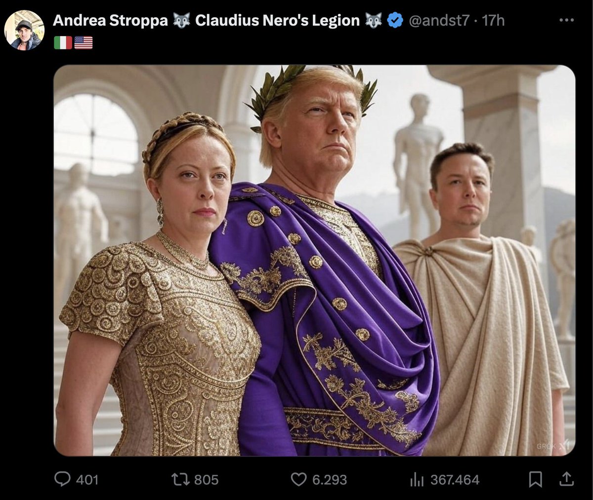 <a href="/andst7/">Andrea Stroppa 🐺 Claudius Nero's Legion 🐺</a> la  missione #usa  di Meloni ha visto la regia di #ElonMusk... piccoli indizi su <a href="/xai/">xAI</a>   sull'imminenza di un contatto tra The #DonaldTrump  e #giorgiameloni . Uno tra tutti  quello postato dal suo referente italiano #AndreaStroppa che affidandosi  all' #AI ... via <a href="/Agenzia_Ansa/">Agenzia ANSA</a>