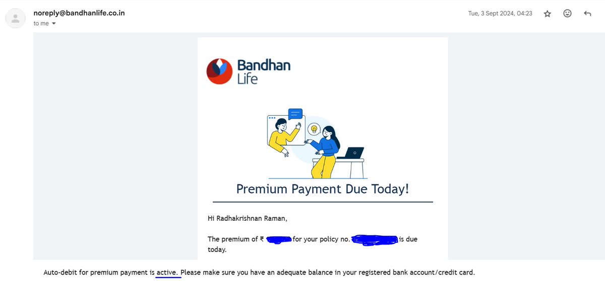 radhakm's tweet photo. @Bandhan_Life My term plan premium payment was due on 3rd Sep '24. For 9 years, I was seamlessly paying it via bank auto-debit. In 2024, you did not present the bill (confirmed with my bank - HDFC). Hence the payment wasn’t made. Now, the policy has lapsed, for NO FAULT of mine. https://t.co/qIa3V5Kmm8
