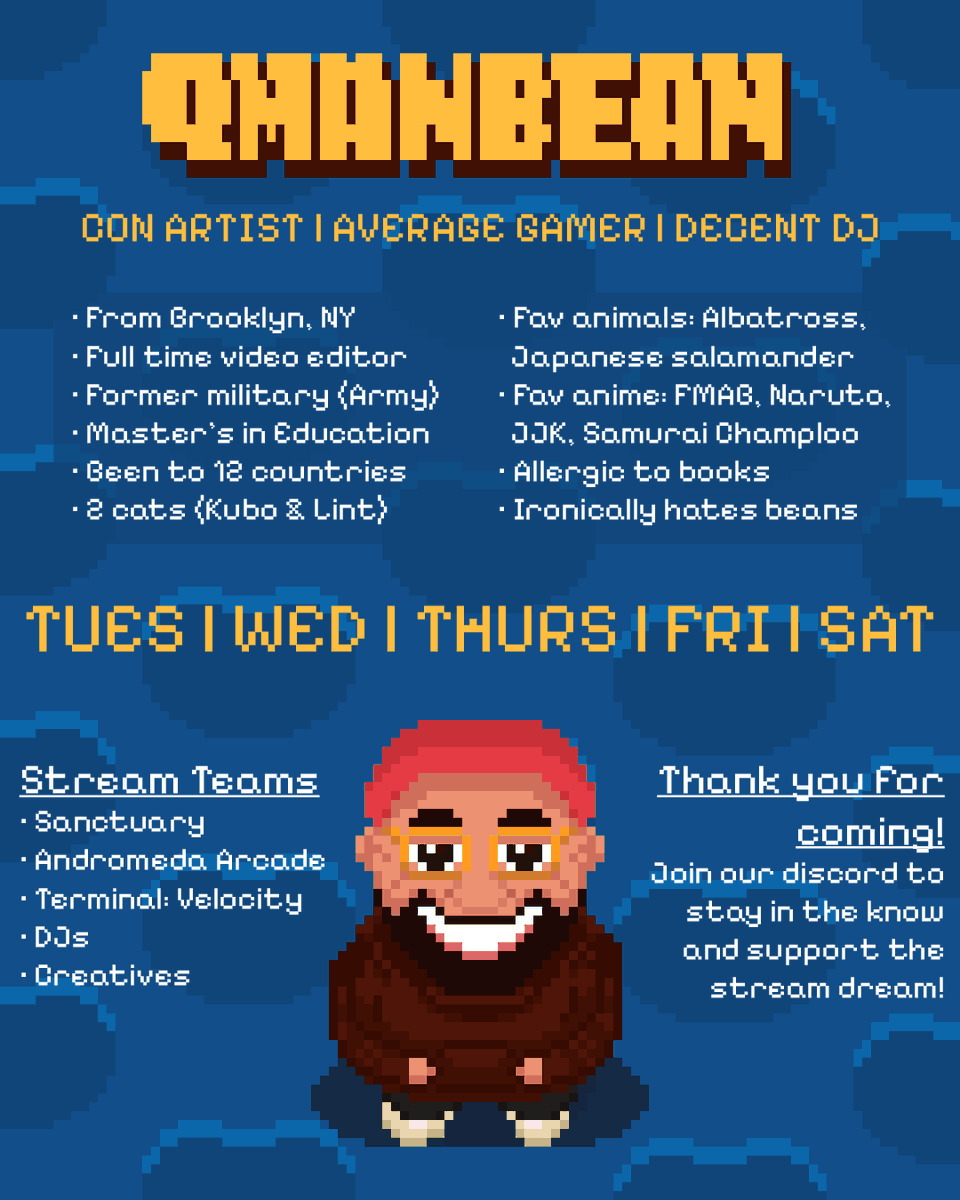 qmanbean's tweet photo. With the new year comes a new stream schedule! Made this graphic as a fun little intro to the channel, fun facts about myself, and showcasing the variety content I provide! Come check us out sometime :)

Aiming high this year! https://t.co/kOGwTjmvRx