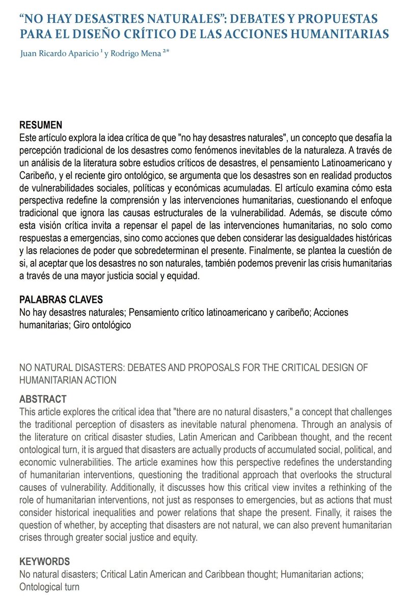 Rodrigo (Rod) Mena (@rodmenaf) on Twitter photo Nueva publicación con el gran <a href="/AparicioCuervo/">Juan Ricardo Aparicio Cuervo</a> "No hay Desastres Naturales: Debates y propuestas para el diseño crítico de las acciones humanitarias" en <a href="/revistareder/">Revista REDER</a>
doi.org/10.55467/reder…
#NoNaturalDisasters <a href="/NoNatDisasters/">#NoNaturalDisasters</a> <a href="/DesastresNo/">LosDesastresNoSonNaturales</a> <a href="/issnl/">ISS, The Hague</a> <a href="/HSC_ISS/">The Hague Humanitarian Studies Centre</a> <a href="/ERC_Research/">European Research Council (ERC)</a> Nueva publicación con el gran <a href="/AparicioCuervo/">Juan Ricardo Aparicio Cuervo</a> "No hay Desastres Naturales: Debates y propuestas para el diseño crítico de las acciones humanitarias" en <a href="/revistareder/">Revista REDER</a>
doi.org/10.55467/reder…
#NoNaturalDisasters <a href="/NoNatDisasters/">#NoNaturalDisasters</a> <a href="/DesastresNo/">LosDesastresNoSonNaturales</a> <a href="/issnl/">ISS, The Hague</a> <a href="/HSC_ISS/">The Hague Humanitarian Studies Centre</a> <a href="/ERC_Research/">European Research Council (ERC)</a>