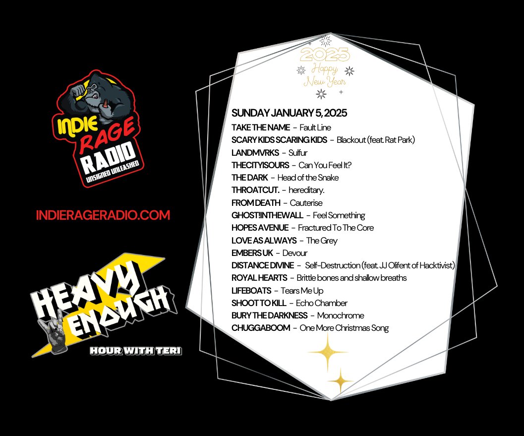 HeavyEnough Hour with Teri (@musicmatterstee) on Twitter photo Today 9pmUK 3pmCST
Catch up with #HeavyEnough <a href="/IndieRageRadio/">Indie Rage Radio</a>
🔊indierageradio.com
You'll hear the new bangers from <a href="/TakeTheNamePA/">Take The Name</a> <a href="/SKSKofficial/">SCARY KIDS SCARING KIDS</a> <a href="/LANDMVRKS/">𝐋𝐀𝐍𝐃𝐌𝐕𝐑𝐊𝐒</a> <a href="/THECITYISOURSUK/">THECITYISOURS</a> <a href="/thedark_fm/">The Dark</a> #THROATCUT. #FromDeath <a href="/Ghostintheband/">Ghost!InTheWall</a> <a href="/HopesAvenueUK/">HopesAve</a>
Info: facebook.com/HeavyEnoughHou… Today 9pmUK 3pmCST
Catch up with #HeavyEnough <a href="/IndieRageRadio/">Indie Rage Radio</a>
🔊indierageradio.com
You'll hear the new bangers from <a href="/TakeTheNamePA/">Take The Name</a> <a href="/SKSKofficial/">SCARY KIDS SCARING KIDS</a> <a href="/LANDMVRKS/">𝐋𝐀𝐍𝐃𝐌𝐕𝐑𝐊𝐒</a> <a href="/THECITYISOURSUK/">THECITYISOURS</a> <a href="/thedark_fm/">The Dark</a> #THROATCUT. #FromDeath <a href="/Ghostintheband/">Ghost!InTheWall</a> <a href="/HopesAvenueUK/">HopesAve</a>
Info: facebook.com/HeavyEnoughHou…