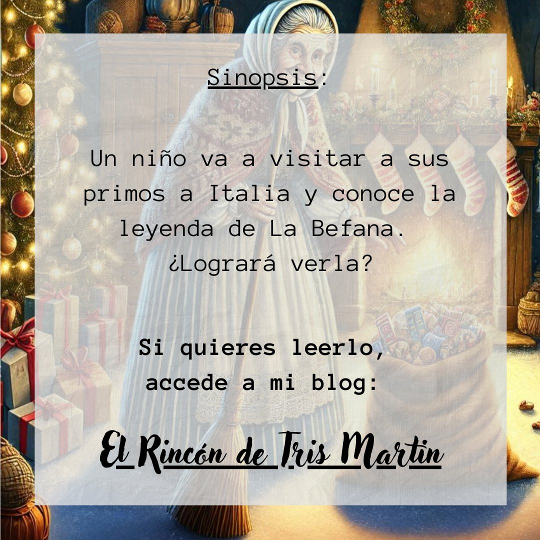 TrisMartin22's tweet image. Ven a conocer la historia de la Befana a través de los ojos de un pequeño. elrincondetrismartin.blogspot.com/2025/01/la-bef…

Sinopsis:
Un niño va a visitar a sus primos a Italia y conoce la leyenda de La Befana.
¿Logrará verla?
#labefana #reyesmagos #relatos #relato #escritos #escritura #escritora