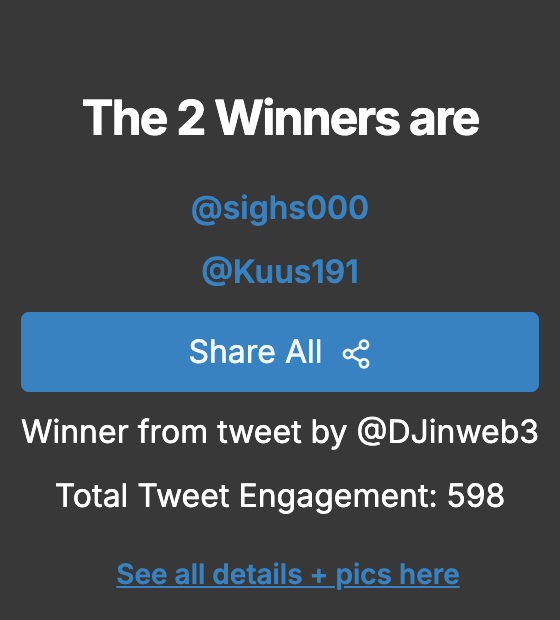 Winners: <a href="/sighs000/">sighs</a>  <a href="/Kuus191/">Kuus</a> ✅

You have 48 hours to DM me to claim your prize