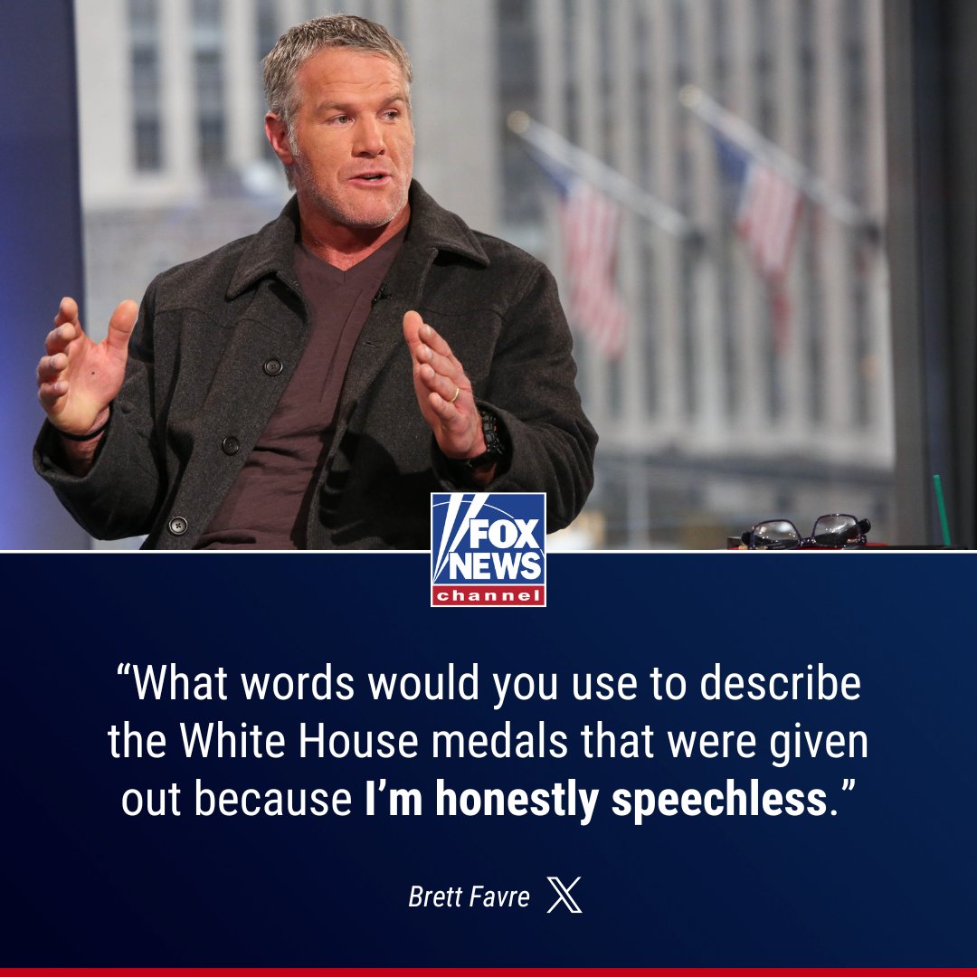 FoxNews's tweet image. FLAG ON THE PLAY: Legendary football quarterback @BrettFavre is stunned after seeing who Biden awarded the prestigious Presidential Medals of Freedom to — including Hillary Clinton. trib.al/bgfv9bt