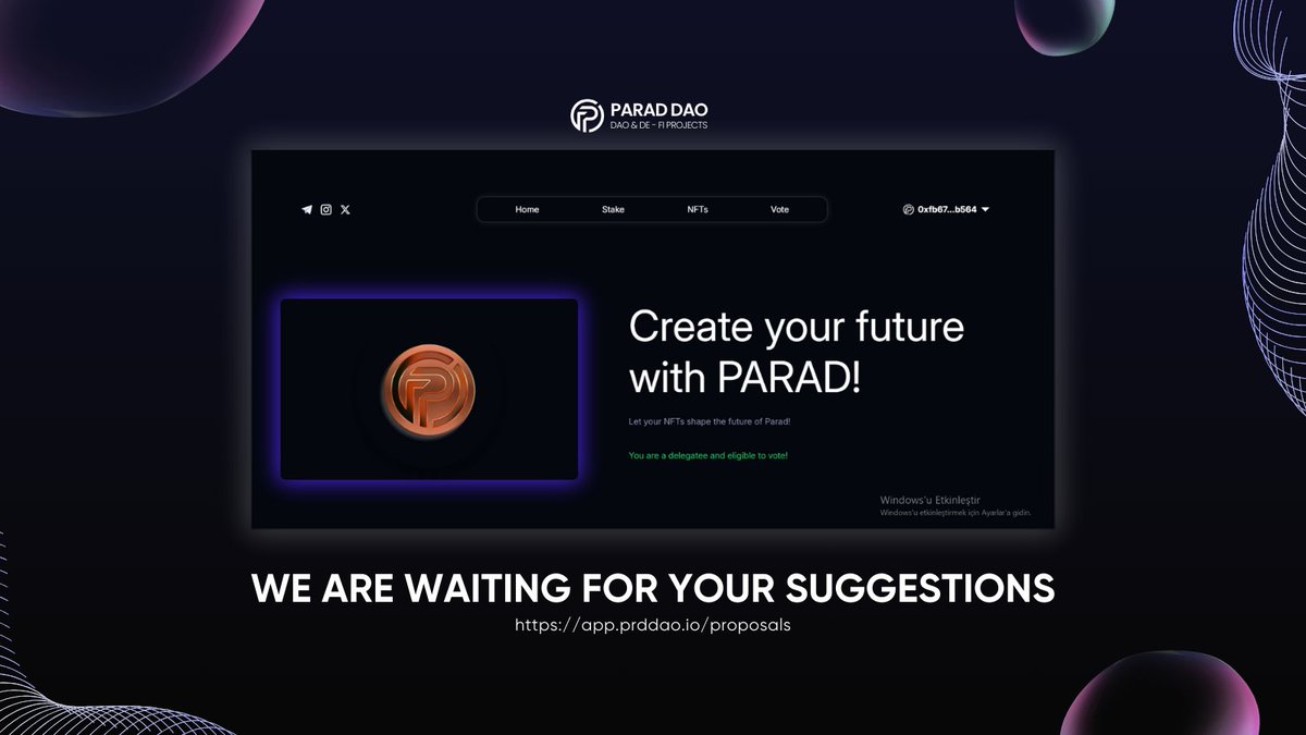 prddao's tweet photo. 🚀Let's build #PARAD Dao's future together🚀
Enter our website now and create
your recommendations.👇
https://t.co/usLdVcvGuR
#NFT #ParadDAO #Crypto #Blockchain #NFTStake #Web3 #DeFi https://t.co/pcWTlbUpUE