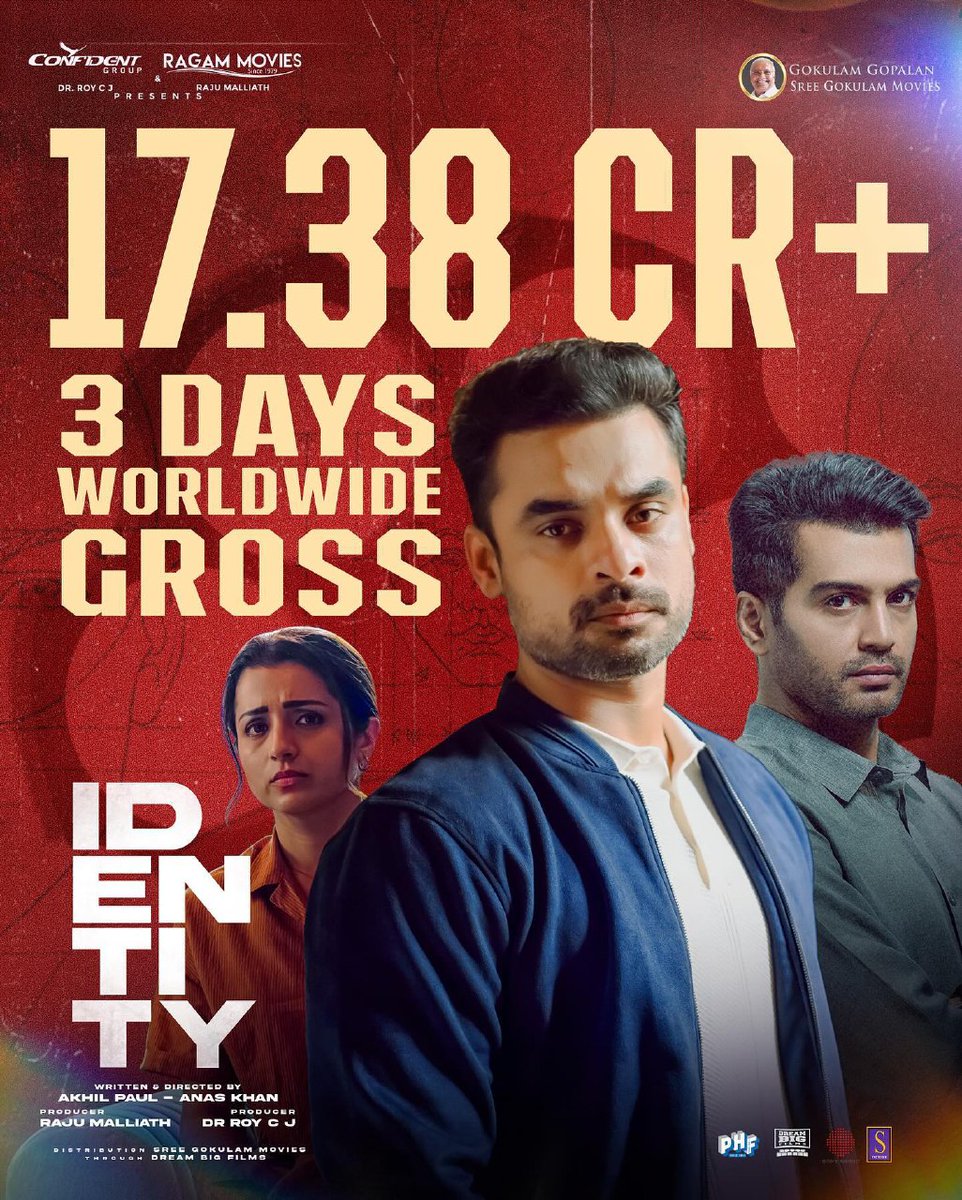 Movie_Identity's tweet photo. 𝟏𝟕.𝟑𝟖 𝐂𝐑+ 💥📈 𝟑 𝐃𝐚𝐲𝐬 🎯

#IDENTITY In Cinemas Now! ⚡

@ttovino @trishtrashers @AkhilPaul_ @GokulamMovies @JxBe @SonyMusicSouth @2gentertainmen1 @FilmsLokah https://t.co/ccyzTkRF6Q