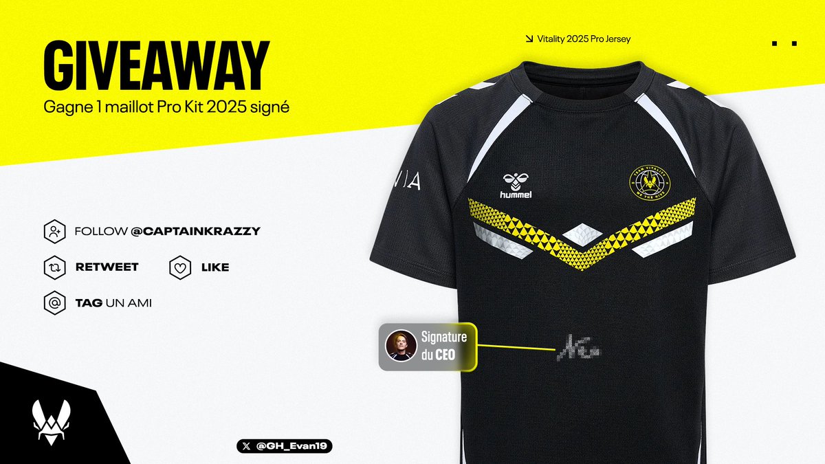 CaptainKrazzy's tweet image. GIVEAWAAAAAY 🎉

Pour la sortie de notre nouvelle pépite je vous fait gagner le maillot 2025 Vitality ! Roster au choix, suffit juste de : 

RT &amp;amp; LIKE 
Follow @CaptainKrazzy 💛
Tag quelqu’un qui en a besoin 😎

Ah je vous ai pas dit.. il sera signé par @Vitality_Neo 🐝👀