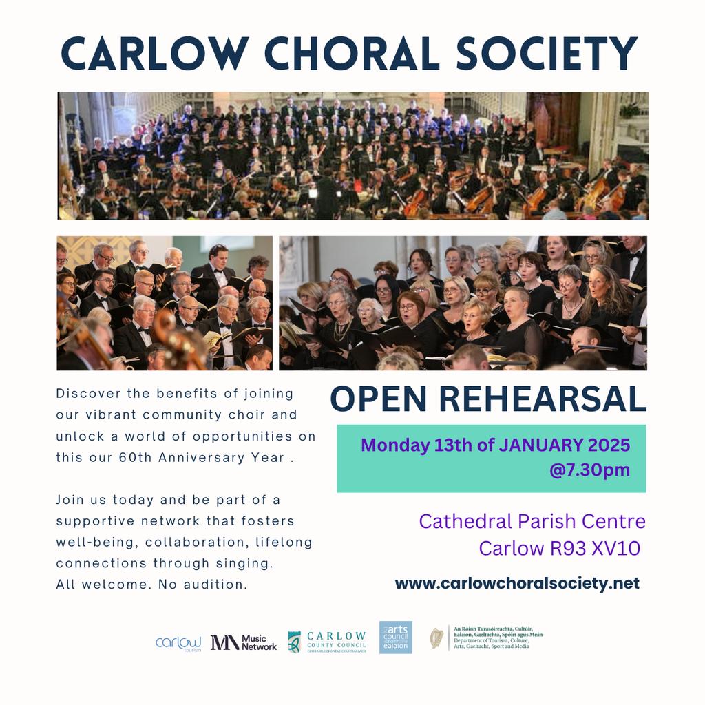 🥶🥶 IMPORTANT ANNOUNCEMENT 🥶🥶
Open Rehearsal Evening this Monday 6th CANCELLED due to weather. We hope to see you on Monday 13th of January for a fun evening of singing.
#carlowchoralsociety #carlow  #ccs60