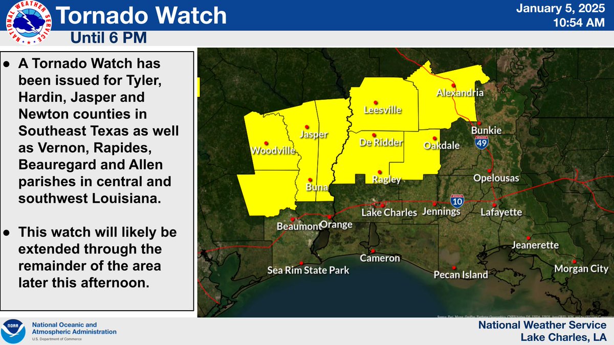 Tornado Watch #1 has been issued for Tyler, Hardin, Jasper and Newton counties as well as Vernon, Rapides, Beauregard and Allen parishes until 6 PM this evening. This watch may be expanded further South and East through the day. Remain weather aware this afternoon.