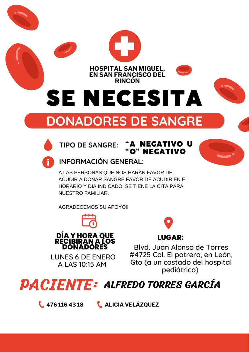 Se requieren donadores, asistir al domicilio indicado en la imagen, el día lunes 6 de enero a las 10:15 am., lamentablemente es un tipo de sangre poco común, mi tío requiere de un estudio y el nivel de hemoglobina no es el adecuado, requiere subirlo.  
Millones de gracias!!