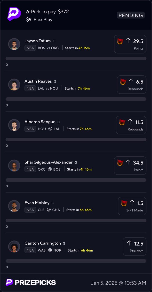 BetXclusiv's tweet photo. 🚨NBA 108x Flex Demon Slip🚨

• Tail At Your Own Risk

• If You Like the Demon, You’ll Love the Regular Prop

If This Hits 6/6 I’ll Give Somebody Who Repost This $75💰

https://t.co/w6cNwerA23

#NBA #NBAX #PrizePicks #PrizePicksNBA #NBAPicks #GamblingX #PropBets #PlayerProps #NBABets #DFS
