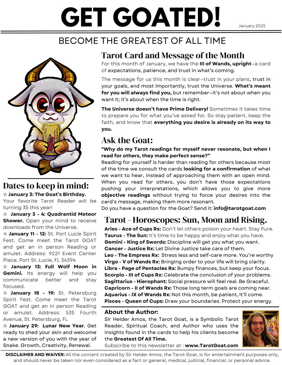 weekly_tarott's tweet image. The Get Goated Newsletter for January is out!!

With Horoscopes, Important Dates for this month, Spiritual Coaching and a Wordsearch vibes!!

Check it out and visit tarotgoat.com and join the newsletter to receive it directly in your email.