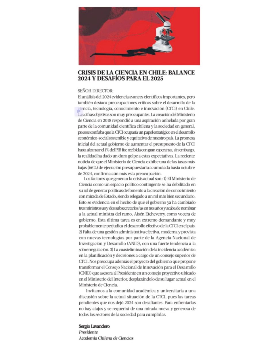 Sergio Lavandero (@sergiolavandero) on Twitter photo En nombre de la Academia Chilena de Ciencias, comparto con ustedes mi preocupación sobre el estado de la CTCI en nuestro país. Y aunque el balance del 2024 nos deja avances importantes, también evidencia desafíos críticos. Lee la carta al director publicada en la <a href="/latercera/">La Tercera</a> En nombre de la Academia Chilena de Ciencias, comparto con ustedes mi preocupación sobre el estado de la CTCI en nuestro país. Y aunque el balance del 2024 nos deja avances importantes, también evidencia desafíos críticos. Lee la carta al director publicada en la <a href="/latercera/">La Tercera</a>