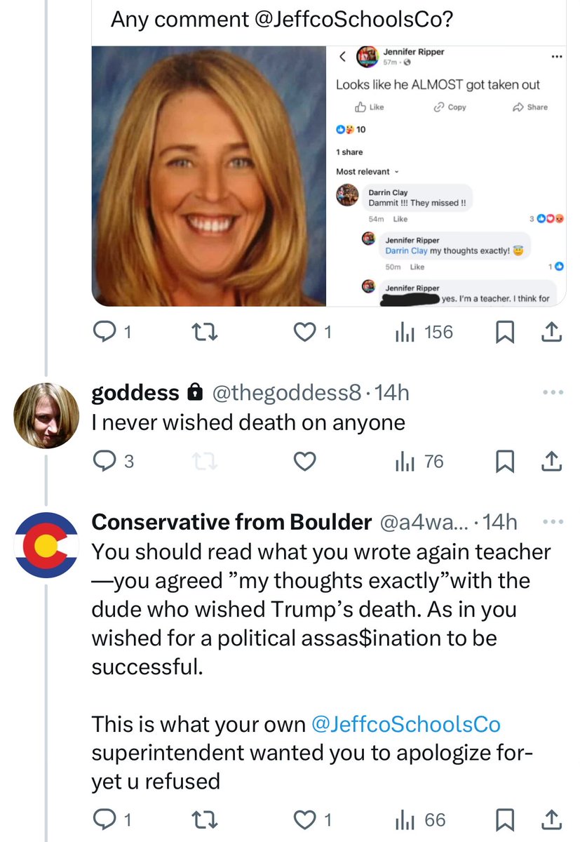 a4waystop's tweet photo. Interesting salvo with @JeffcoSchoolsCo teacher Jennifer Ripper last night. She was very militant leftist, said she hates me in her heart and is in denial about her Trump comments. But still wouldn’t apologize.  

A bit of regret this am?  Now has locked her account to private https://t.co/orJKsTWRDS