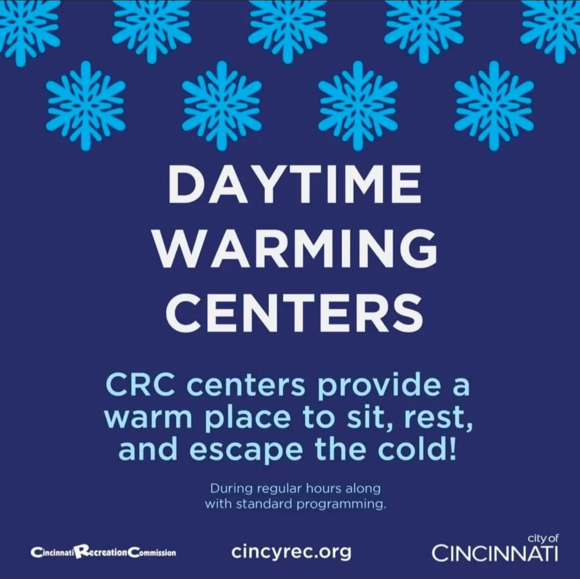 Snow is falling in Cincinnati, so help us spread the word that the OTR Rec Center emergency warming center will be open starting Monday at 10am. 1/3