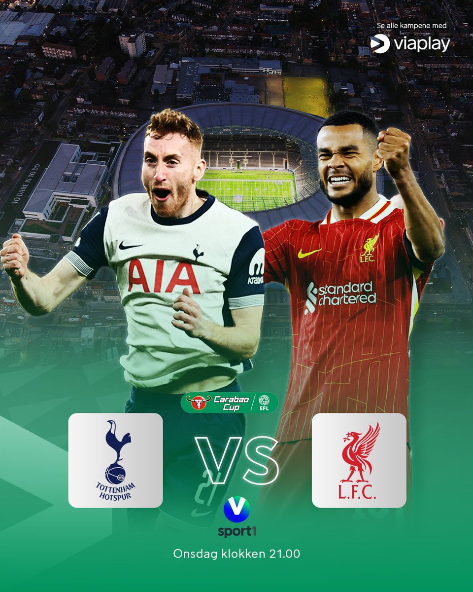 Viaplay Fotball (@viaplayfotball) on Twitter photo 🏆: Ligacupen
🆚: Tottenham–Liverpool
🎙️: <a href="/AndreasToft/">Andreas Toft</a> og <a href="/Tjaernas/">Lars Tjærnås</a>
🕕: Klokken 21.00
📺: Viaplay & V Sport 1 🏆: Ligacupen
🆚: Tottenham–Liverpool
🎙️: <a href="/AndreasToft/">Andreas Toft</a> og <a href="/Tjaernas/">Lars Tjærnås</a>
🕕: Klokken 21.00
📺: Viaplay & V Sport 1