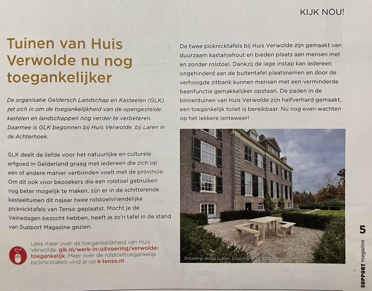 Onze rolstoel picknicktafel staat in de vakantie editie 2025 van het <a href="/SupportMagazine/">Support Magazine</a>. <a href="/HuisVerwolde/">Verwolde</a> wordt door het <a href="/glk/">GLK&</a> rolstoel toegankelijk gemaakt.

Design: Joop Luken. Copyright: TENSO.

TENSO.nl

#rolstoel #picknicktafel #rolstoelvriendelijk