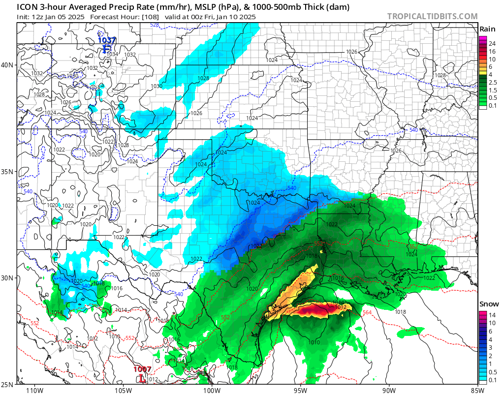 flimpct's tweet photo. We can slowly begin to introduce the next #system that will likely bring #wintery weather for #Texas, #Louisiana, & #Arkansas.
The image below is for this coming #Thursday, 1/09 @ 7:00pm as another piece of #Pacific energy slides southeast within the #PolarJet. The #shortwave attemps to #phase w/ a piece of energy leftover from the #frontal boundary that are bringing the colder #temperatures to much of the east.
Still some minor details to work out, but if I were living within this #region, I'd begin to keep a close eye on #position and #strength of potention system over the next 4 days.
I'm sure local #meteorologists are already talking about it, but we are now within a reasonable time frame to take this #seriously.
#WxUpdate
#CentralUSWX
📡✝️❄️
