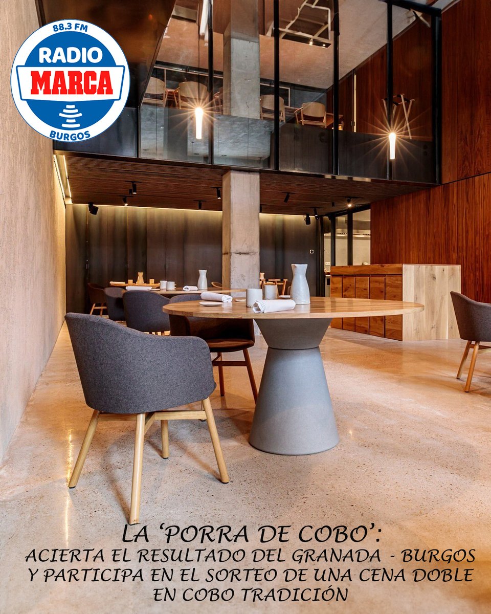 LA PORRA DE COBO

¿Quieres ganar una cena doble en Cobo Tradición?... 

Sólo tienes que acertar el resultado del Granada 🆚 <a href="/Burgos_CF/">Burgos Club de Fútbol</a>  para entrar en el sorteo.
 
Participar es muy fácil:
 
1⃣ Sigue a @RMarcaBurgos y a <a href="/coboestratos/">Cobo Estratos</a> en Twitter.

2⃣ Like y RT a esta publicación.