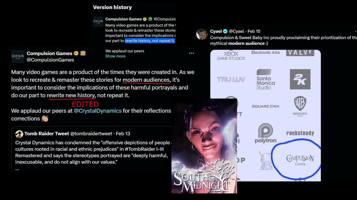 Cyael's tweet photo. Compulsion Games HATES GAMERS &amp; seeks to "rewrite history" as hard as they want to redefine racism. They know where to shove their Mandatory DEI Sweet Baby Inc Game. If highlighting their own words makes me Anti-Woke ohhhh noooo lol. https://t.co/j8IDaJVKYj