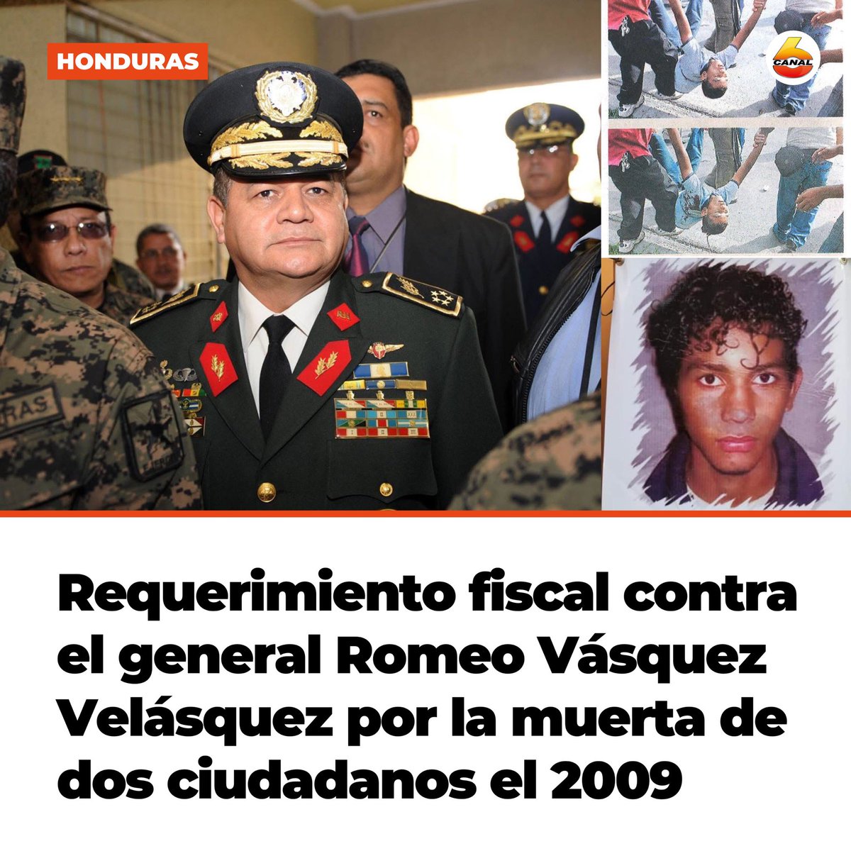 Canal6Honduras's tweet photo. #NOTICIA |🚨El Ministerio Público a través de la Fiscalía Especial de Derechos Humanos (#FEDH), presenta requerimiento fiscal contra los señores Romeo Orlando Vásquez Velásquez, exjefe del Estado Mayor Conjunto; el exsubjefe, Venancio Cervantes Suazo; y Carlos Roberto Puerto Fúnez, excomandante del Comando de Operaciones Especiales, por suponerlos responsables de los delitos de homicidio y lesiones graves contra los ciudadanos Isis Obed Murillo Mencías y Alex Roberto Zavala Licona, simpatizantes que permanecían en los alrededores del Aeropuerto Internacional Toncontín a la espera del retorno al país del entonces presidente constitucional, José Manuel Zelaya Rosales.
- El joven Isis Obed Murillo Mencías perdió la vida tras recibir un proyectil de arma de fuego en la cabeza mientras participaba en una manifestación pacífica en las inmediaciones del aeropuerto, mientras que el ciudadano Alex Roberto Zavala Licona sufrió graves lesiones a consecuencia de los disparos realizados por elementos de las Fuerzas Armadas.
- De acuerdo con las investigaciones del Ministerio Público, las actuaciones de los militares fueron brutalmente desproporcionadas, ya que dispararon de manera indiscriminada con fusiles de alto poder y grueso calibre (M16) contra ciudadanos que ejercían su derecho a manifestarse pacificamente.
- Dichas acciones, que resultaron en muertes y graves lesiones, no fueron actos aislados, sino crímenes ejecutados por elementos de las Fuerzas Armadas bajo órdenes directas del jefe del Estado Mayor Conjunto, el subjefe y el director de Operaciones Especiales.
- Según el requerimiento fiscal, los altos mandos del Estado Mayor Conjunto, responsables directos de comandar y planificar el operativo, no solo incumplieron su deber de supervisar y controlar a sus subordinados, sino que, con pleno conocimiento de los hechos, permitieron y facilitaron estas atrocidades.
- Su negligencia e inacción configuraron graves violaciones a los derechos humanos, dejando a los manifestantes a merced de una fuerza militar que actuó con una violencia inhumana y desmedida.
#Honduras #FFAA #MP