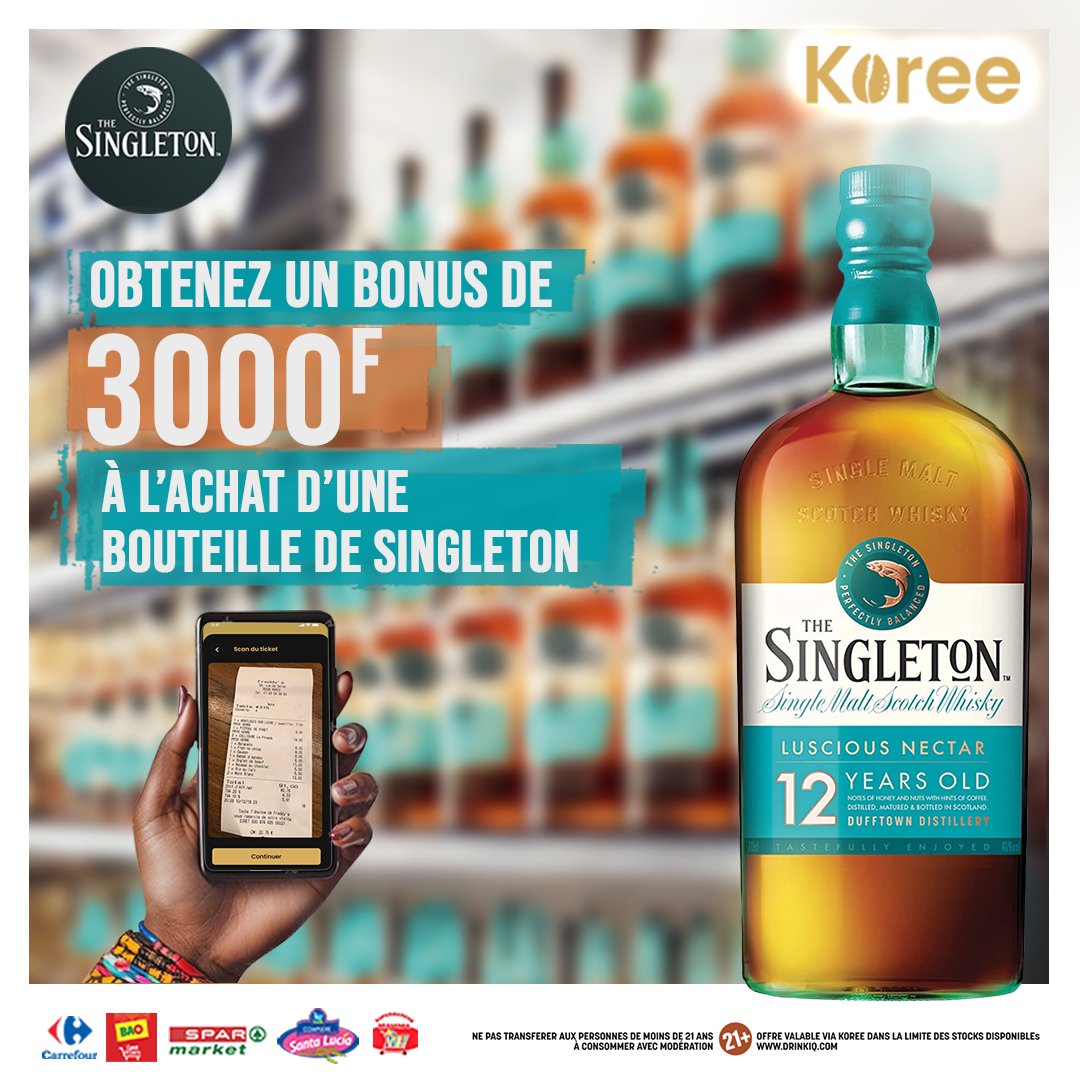 koreeafrica's tweet photo. 🥃✨ 1 bouteille de THE SINGLETON 12 years ald : 3 000 FCFA sur ton compte MOMO et OM ! 💰

1️⃣ Téléchargez Koree 👉 https://t.co/12xjwg78ch
2️⃣ Achetez 🛍️
3️⃣ Scannez 🚀
🗓 Jusqu’au 28 fév. 2025. 🔞 21+
#Cashback #KoreeXDiageo https://t.co/Q0VuS7mu1I