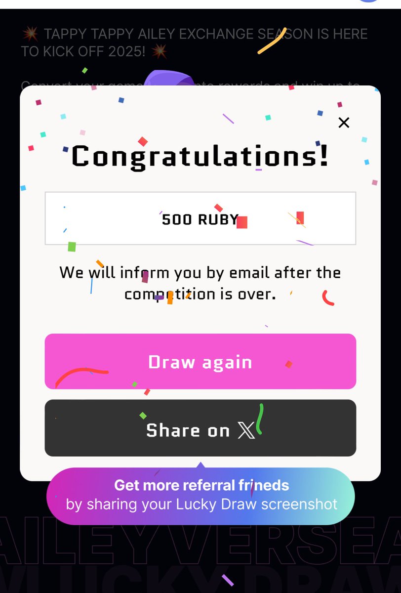 imonyan_twitch's tweet image. うぇええ！？？？！？！？
500ルビーまじで！？！？！？！？
お年玉ありがとう！！！！！！！！！！

Yaaay! Tappy Tappy Ailey’s Exchange System is LIVE! I just won 500 RUBY 🥳
Earn game points and swap them instantly for amazing rewards! #ProjectAiley

Referral Code : J3RPG7…