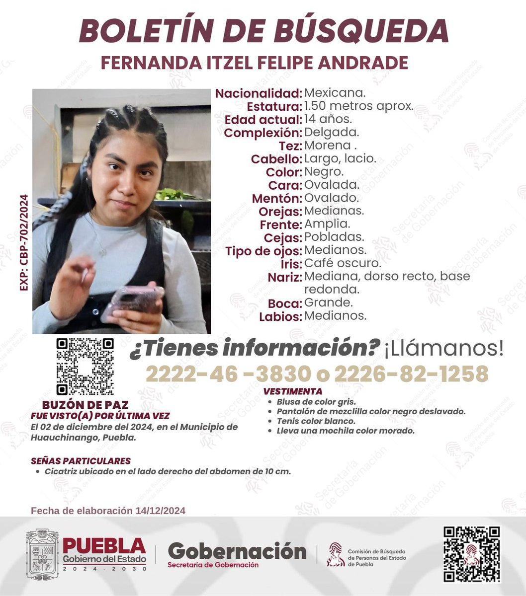 TribunaVigila's tweet photo. #Ayuda para localizar a Fernanda Itzel Felipe Andrade de 14 años, fue vista por última vez el #02deDiciembre en #Huauchinango, #Puebla. #Comparte #ServicioSocial #LaVozDeLosPoblanos #SeBusca https://t.co/K8VX91mXf8