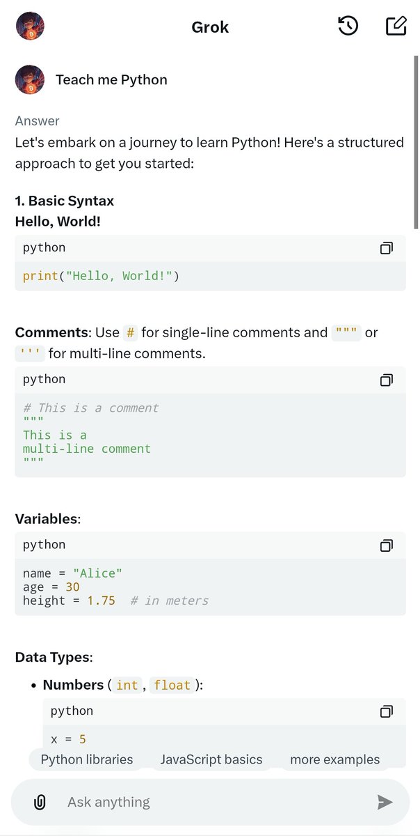 Ankur_4_U's tweet image. I am learning #phython 🗿
with the help of #GROK .
Is it worthwhile @elonmusk ?
