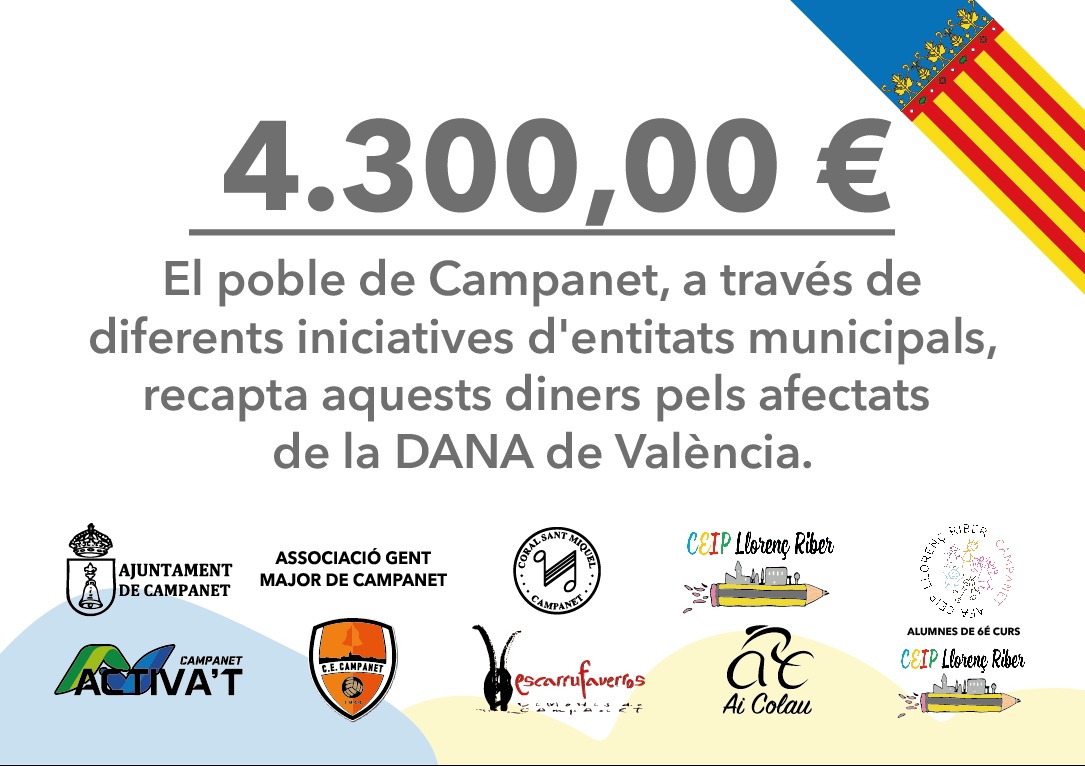 🙌🏼Campanet amb el poble valencià:
➡️Durant aquestes setmanes s’han duit a terme diferents activitats solidàries per part d'associacions i entitats del poble en benefici de València. 
📌 S’han ingressat un total de 4.300€ al compte de la <a href="/FELIB_info/">FELIB</a> 
👏🏼Moltes gràcies a tothom!
