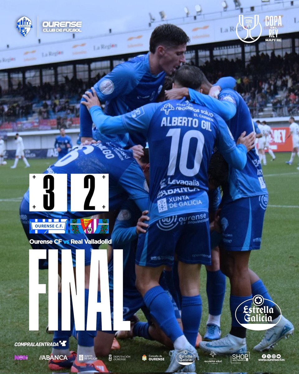 F I N A L 
<a href="/Ourense_CF/">Ourense CF</a> 3-2 <a href="/realvalladolid/">Real Valladolid C.F.</a> 
🏟️ 𝐎 𝐂𝐎𝐔𝐓𝐎 

Xa temos 🎁 de #ReisMagos en Ourense 

Grazas a tod@s pola presenza neste día tan especial.
Moita 🤞 o Valladolid tanto na liga como na Copa. Club 🎩 💜🤗

#LaCopaMola | #CopaDelReyMAPFRE