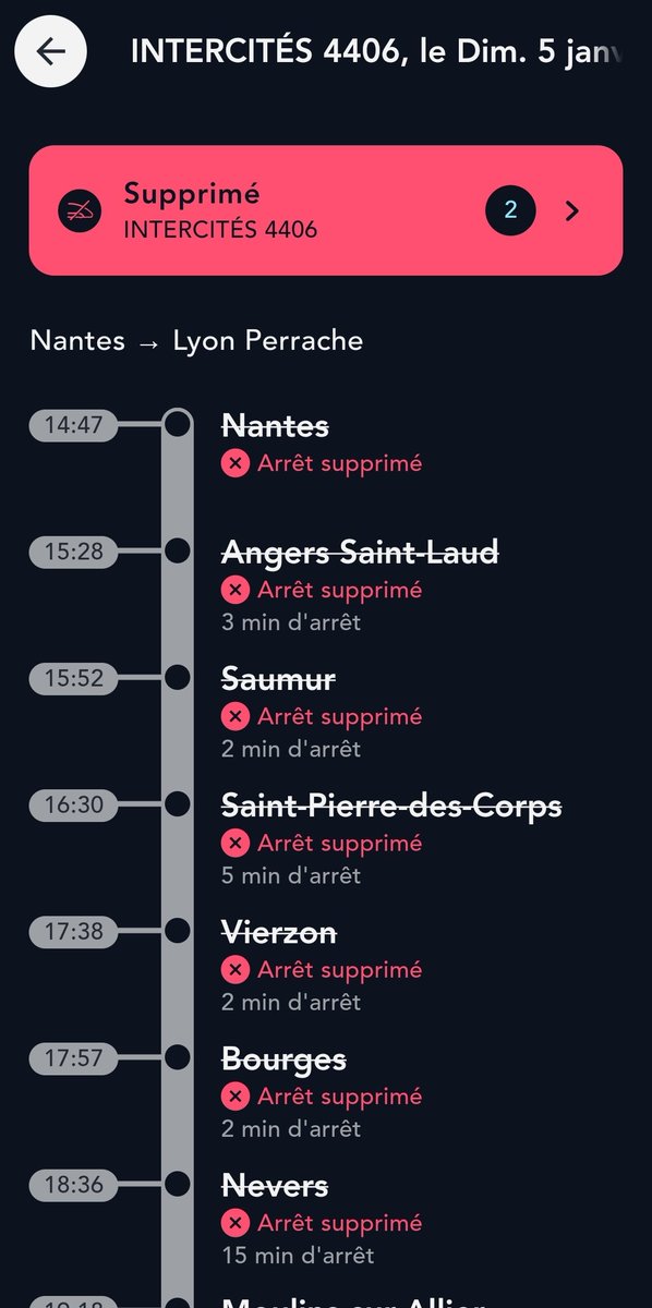 trainsAuvergne's tweet photo. ❌ L'@Intercites 4406 Nantes 14h47 - Lyon Perrache 21h40 est supprimé 
Motif : Indisponibilité du matériel https://t.co/L7i7Sqpoat